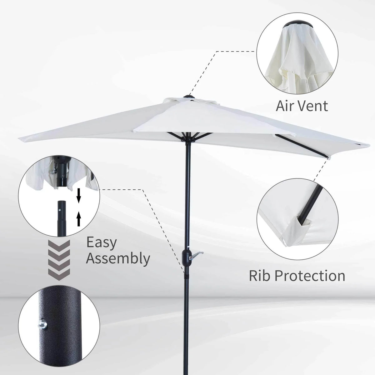 Cream white half parasol with air vent at top and protective ribs on the canopy