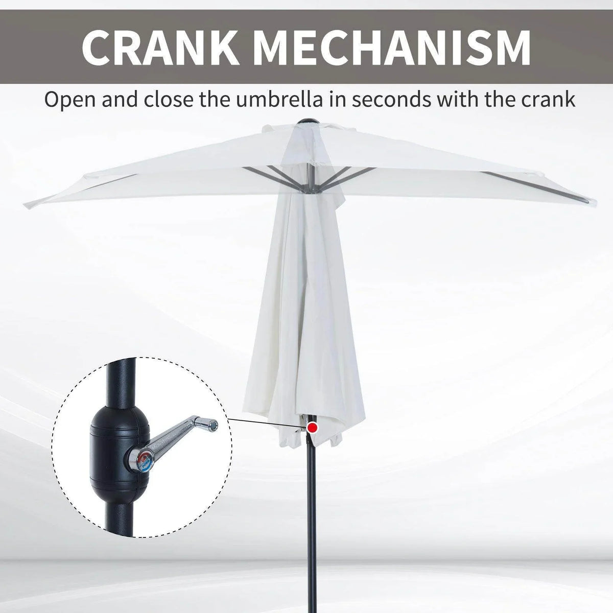 Cream white half parasol with crank mechanism on the pole for opening and closing