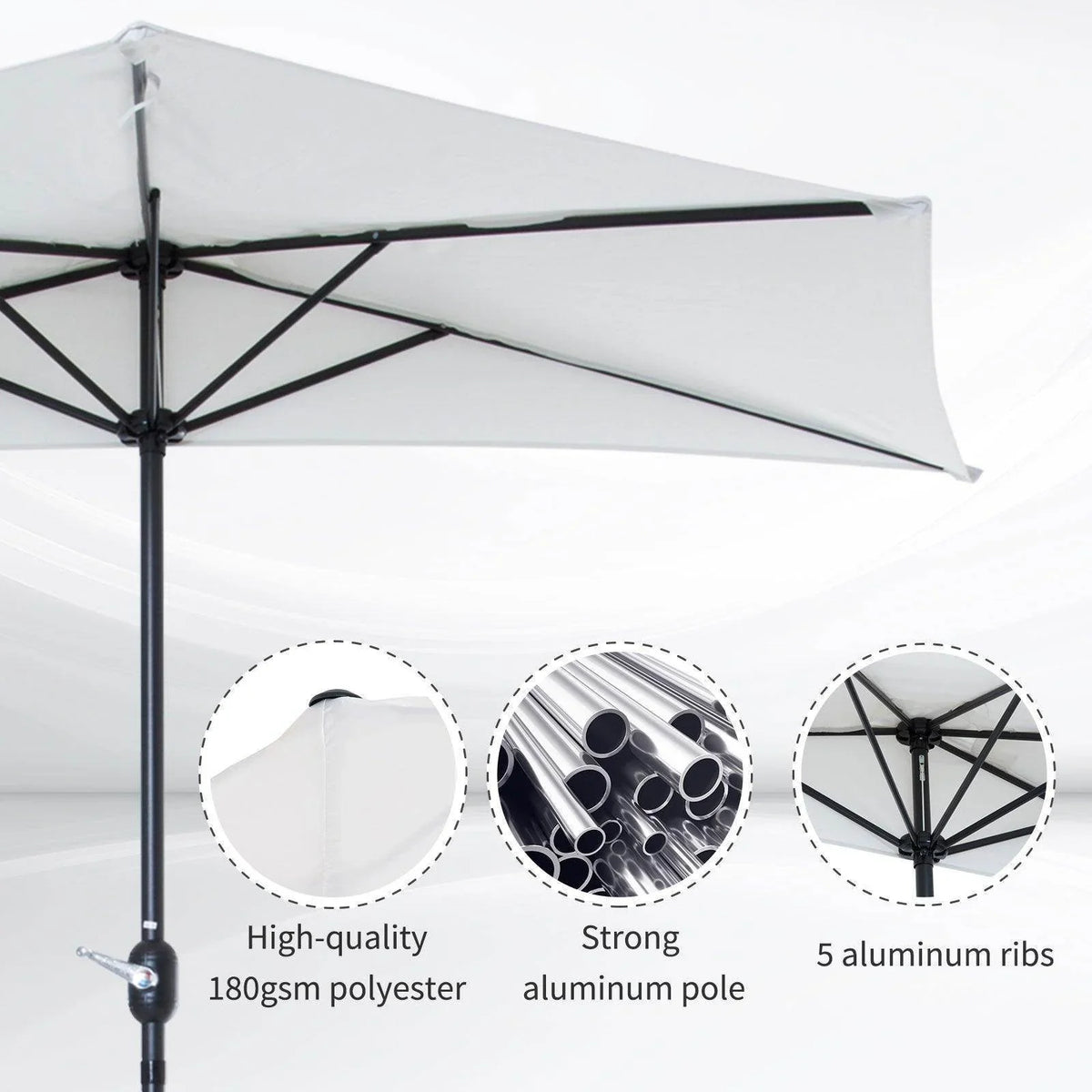 Cream white half parasol underside showing black frame and 5 aluminum ribs