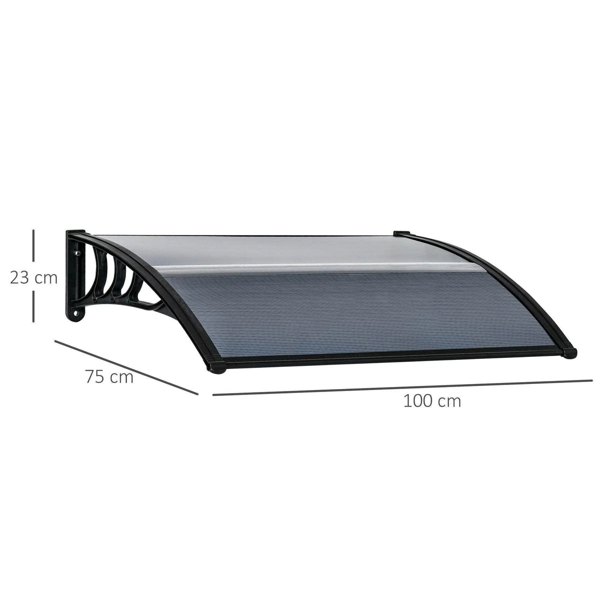 Black door canopy awning size diagram with curved supports and translucent panel