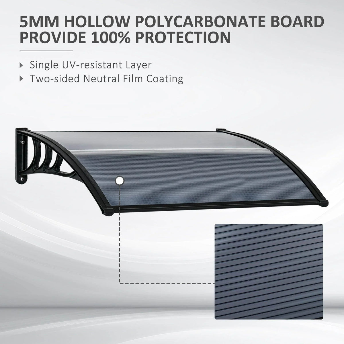 Black door canopy awning with translucent ribbed panel and curved mounting bracket