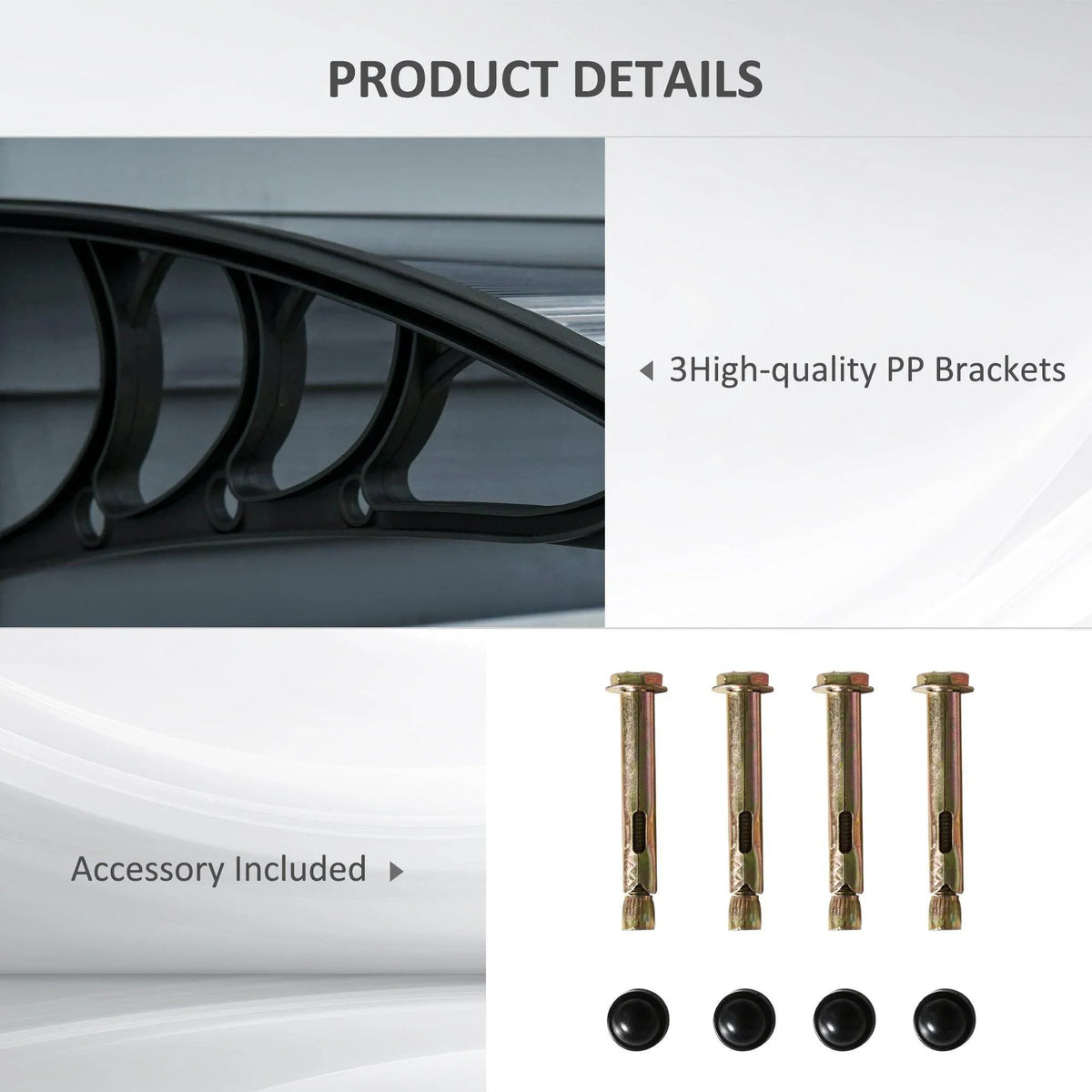 Black door canopy awning showing PP brackets and included mounting hardware and caps