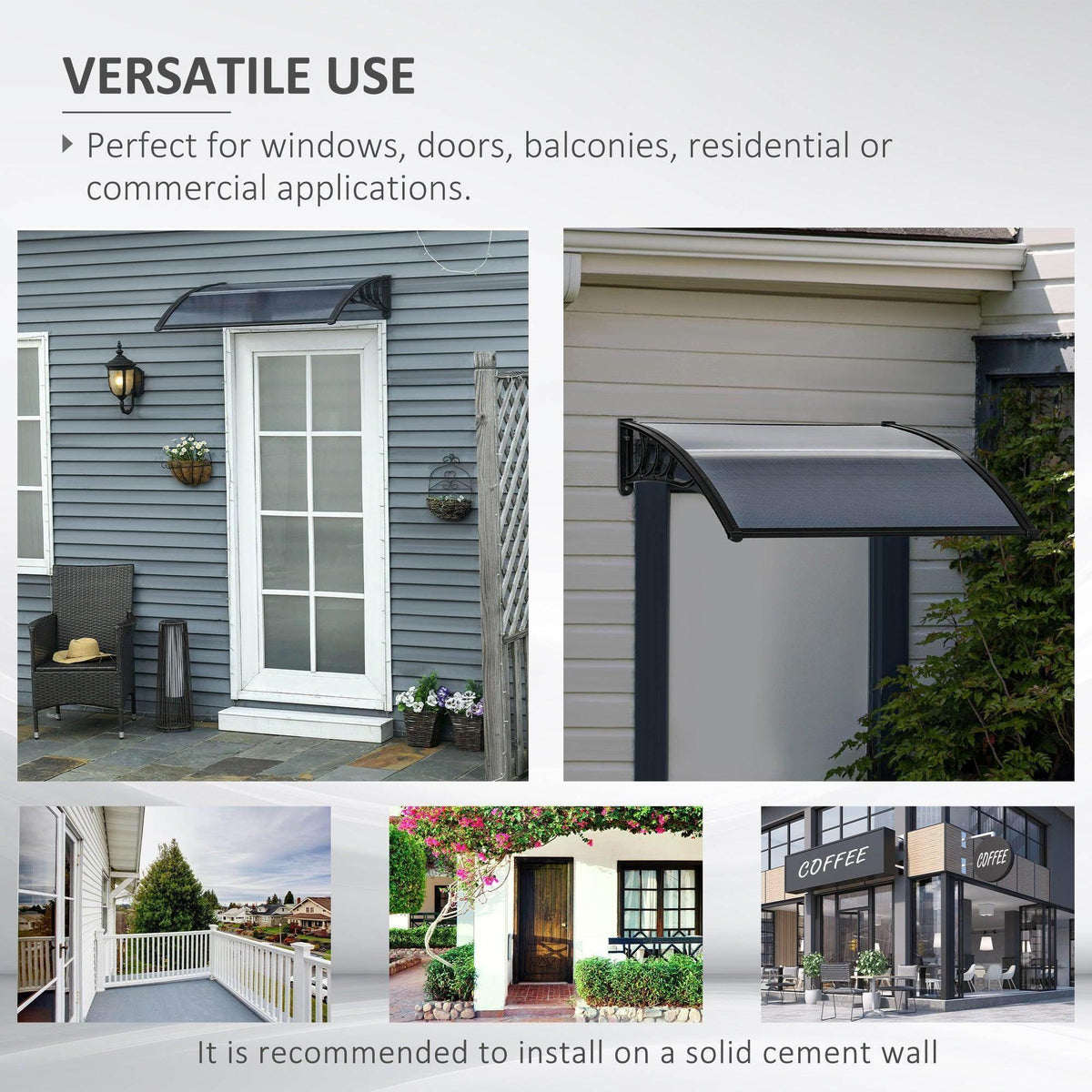 Black door canopy awning installed above an entry door with translucent ribbed panel
