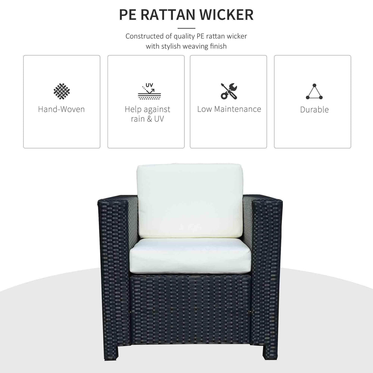 Black PE rattan wicker outdoor armchair with white cushions, hand-woven, UV-resistant, low maintenance, durable