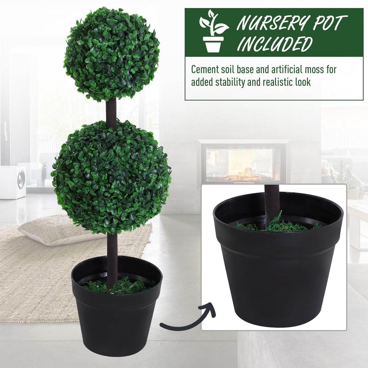 Boxwood topiary tree duo in black pots with two stacked green topiary balls