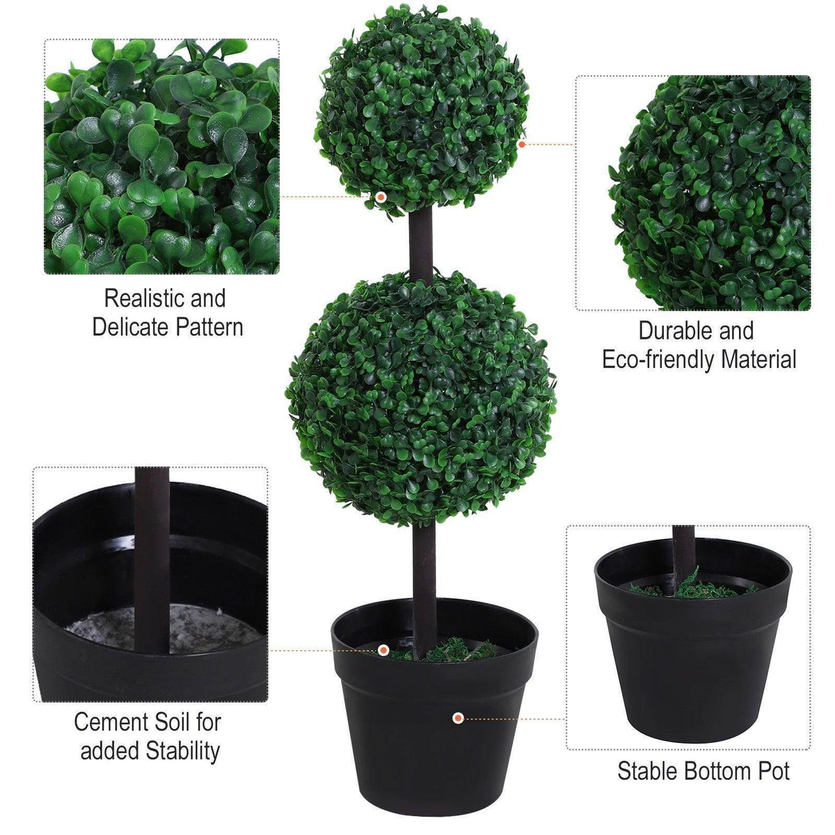 Boxwood topiary tree in black pot with two stacked green foliage balls