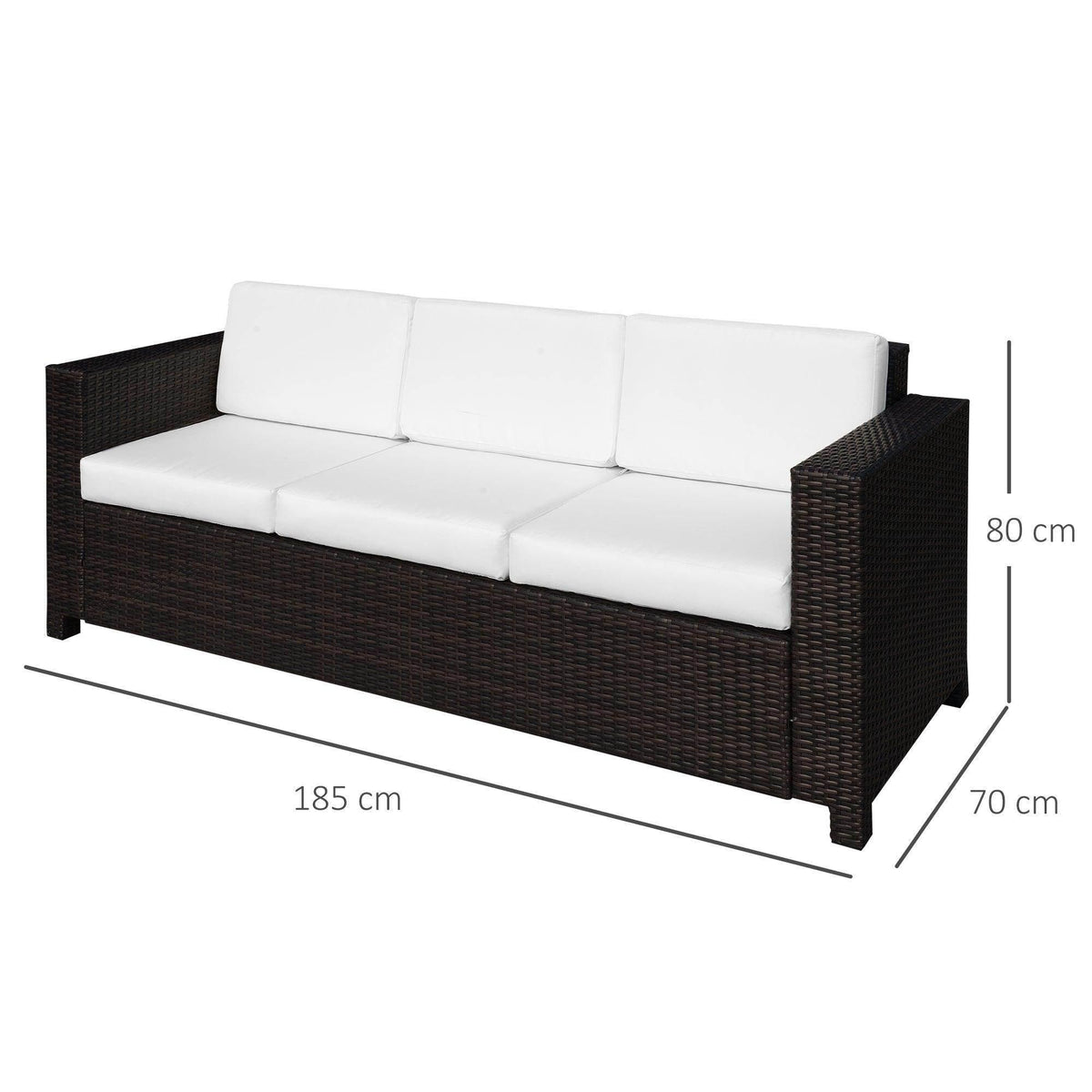 3-seater outdoor sofa chair with dark brown woven rattan sides and white seat cushions