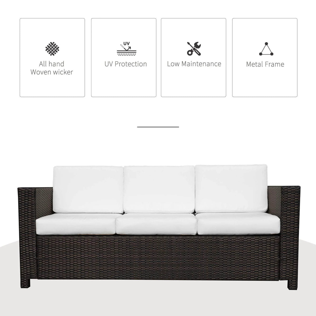 3-seater woven rattan sofa with white cushions and dark brown armrests