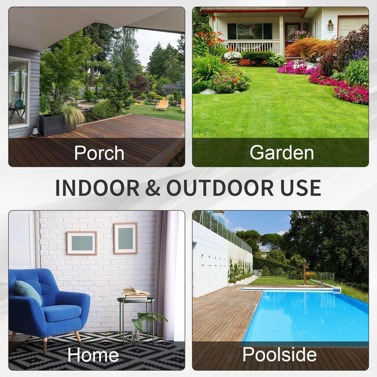 Indoor and outdoor lifestyle collage showing porch, garden, home, and poolside settings