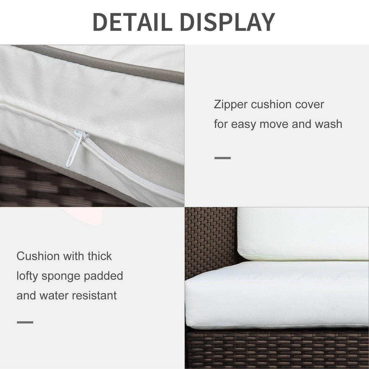 Rattan sofa cushion detail with zipper cover and thick, water-resistant padded seat
