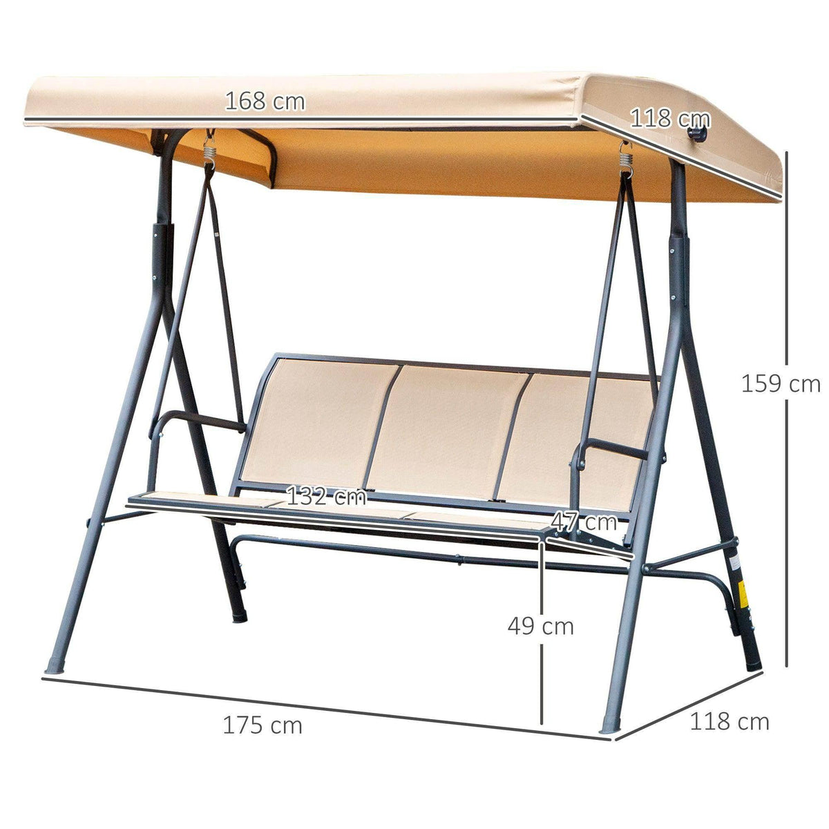 Three-seat canopy swing chair dimensions view with beige canopy and seat cushions.