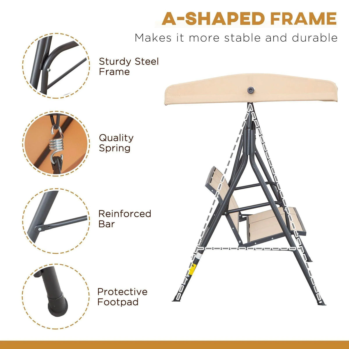 A-frame steel canopy swing chair with reinforced bars and spring mechanism detail.