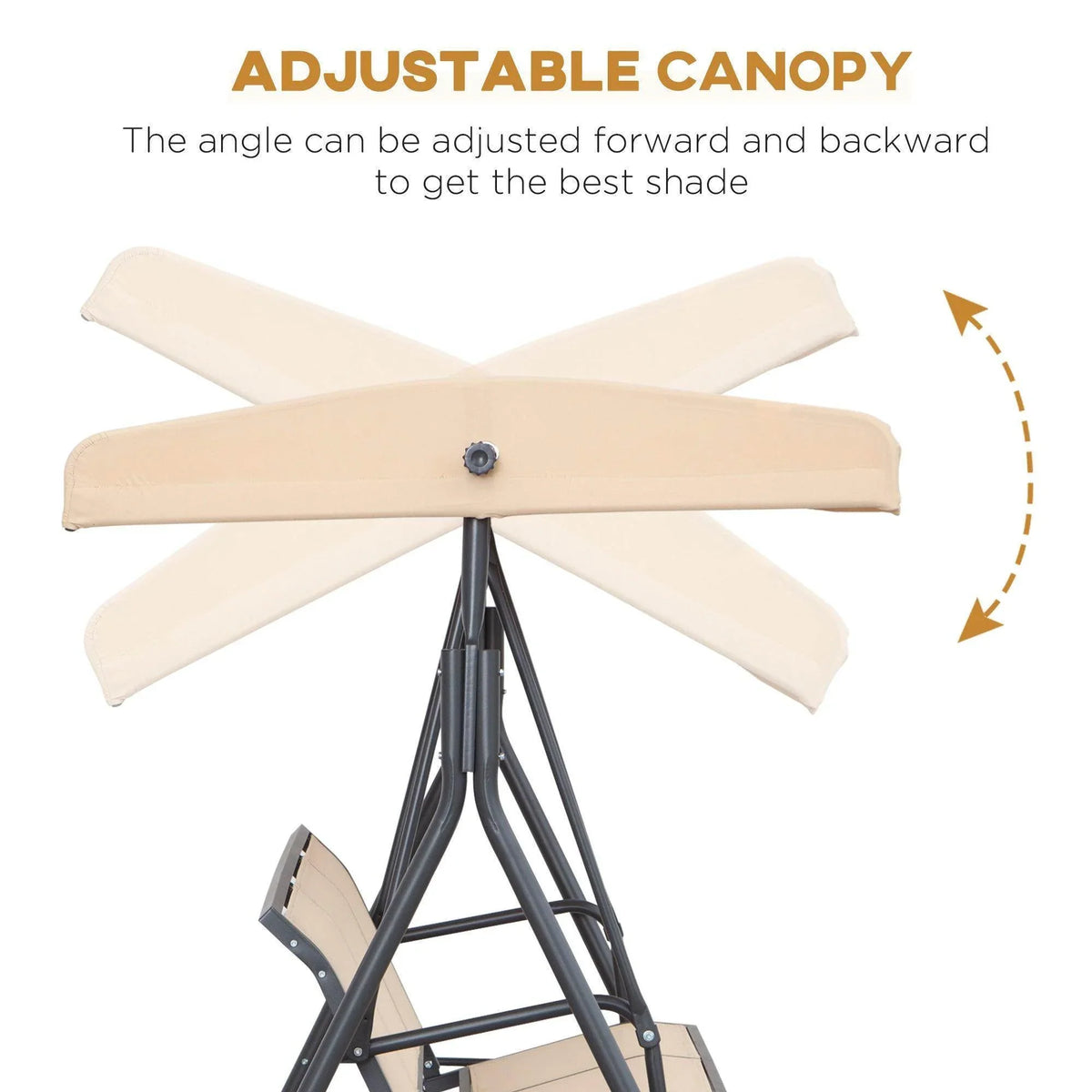 Adjustable canopy swing chair with folded beige cover and dark frame support legs.