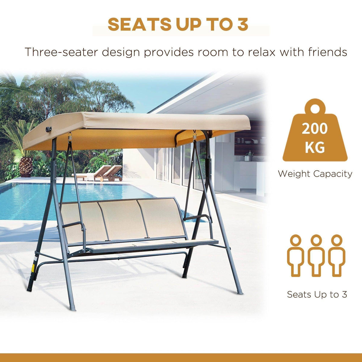 Three-seat beige canopy swing chair with dark frame and cushioned bench seat.