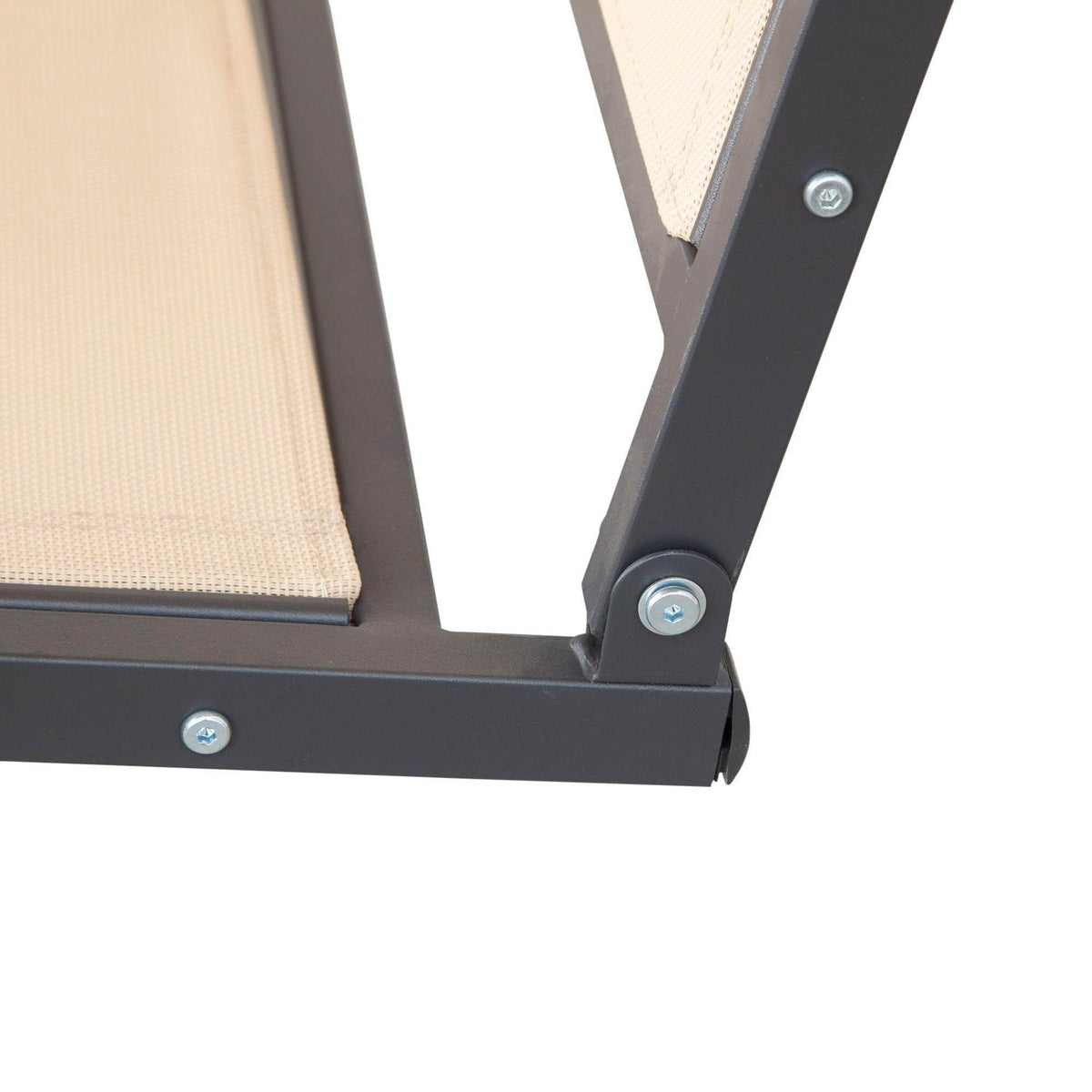 Dark steel swing chair base with protective footpad and bolt hardware detail.
