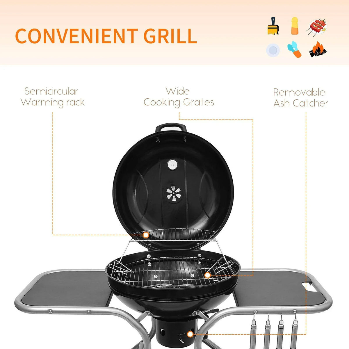 Black charcoal grill with wide cooking grates, warming rack, and removable ash catcher for outdoor BBQ