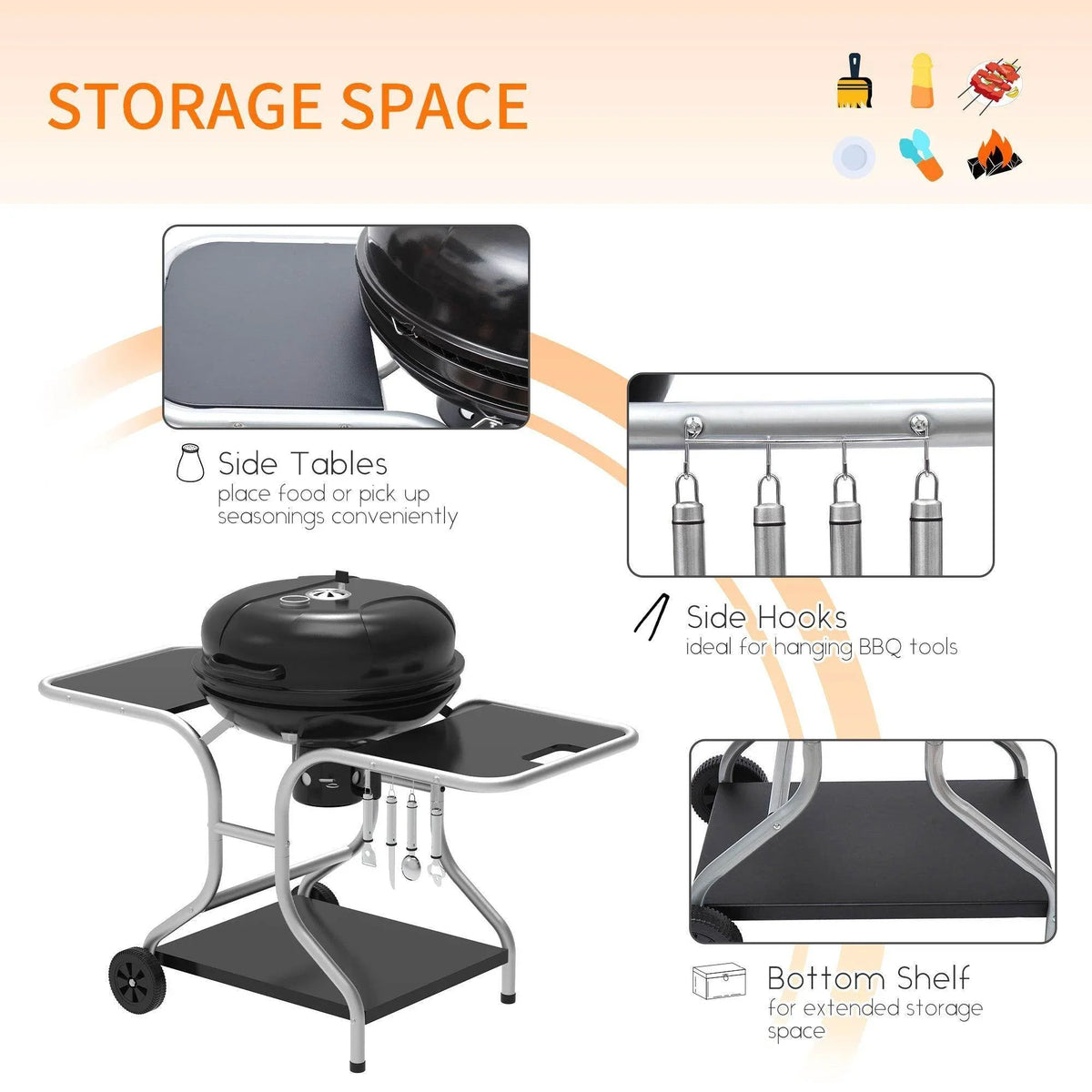 Black charcoal grill with side tables, hooks, and bottom shelf for BBQ storage and tools