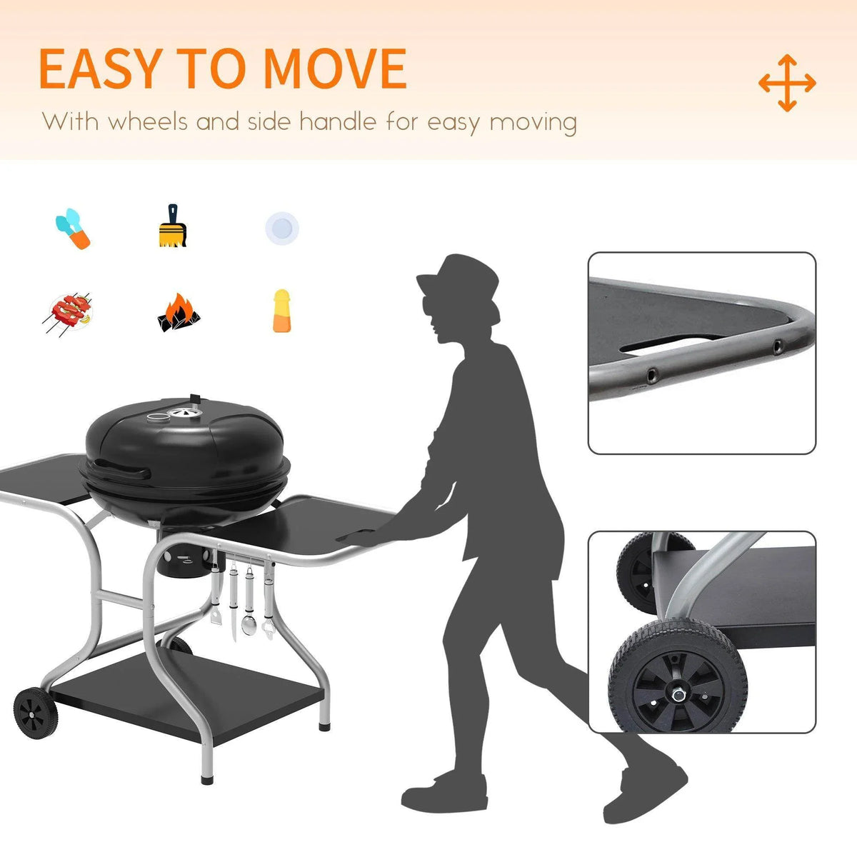 Portable charcoal grill with wheels and side handles for easy moving, perfect for outdoor BBQs and garden use.