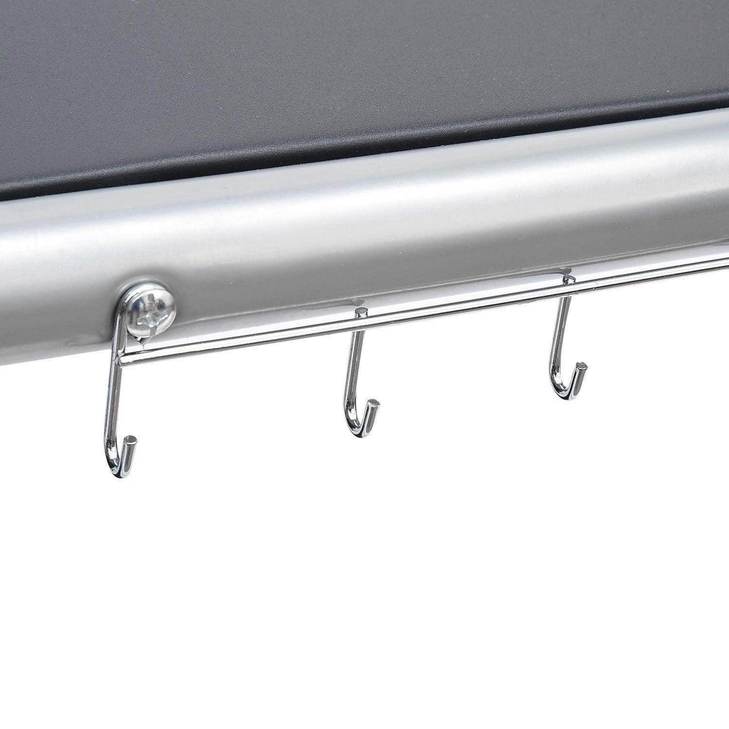 Close-up of three chrome hooks on a silver metal bar, part of a charcoal grill trolley