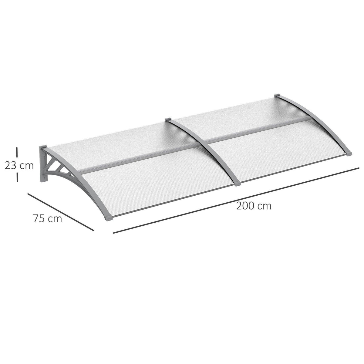 200 x 75 cm clear door canopy awning with dark gray curved supports and poly roof