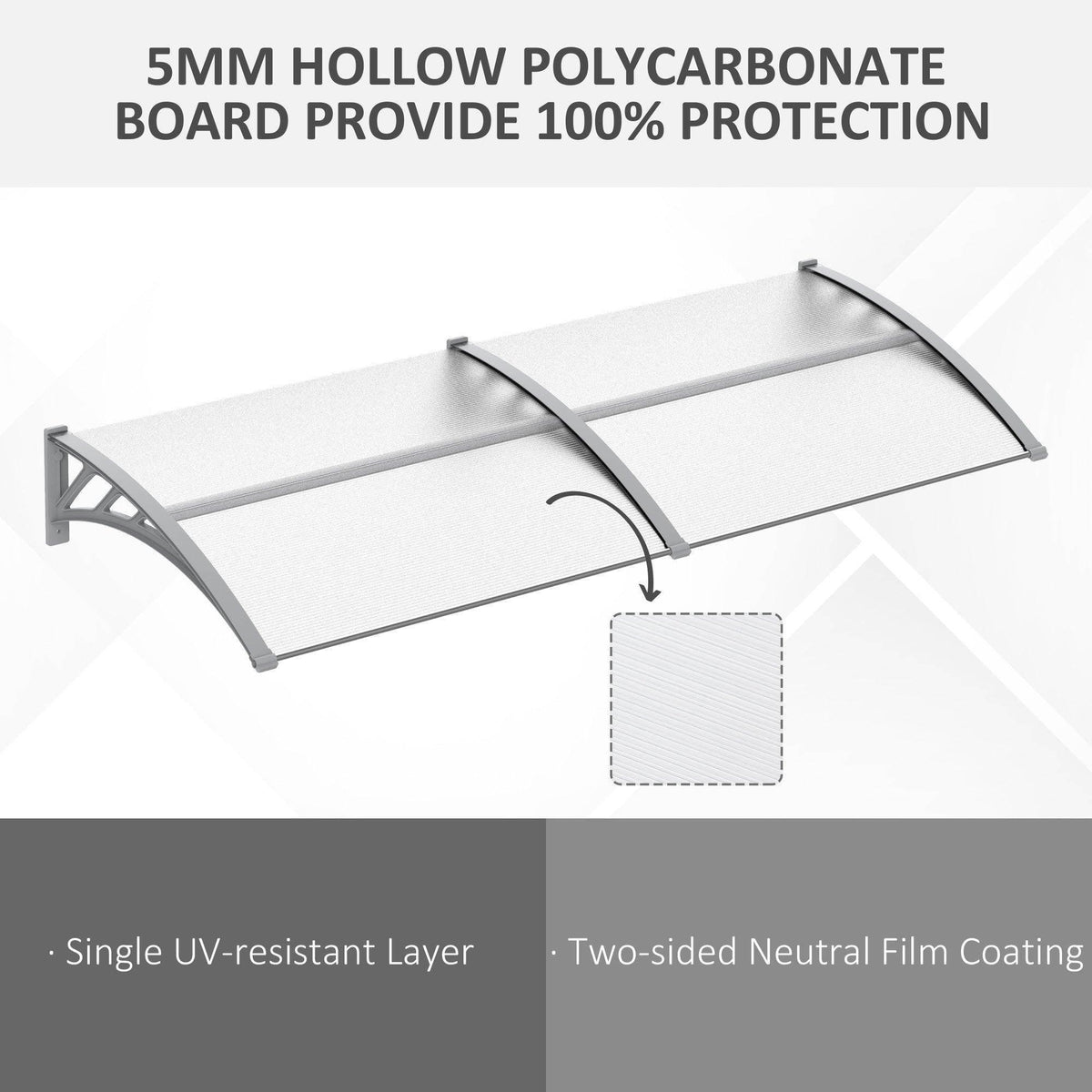 Clear polycarbonate door canopy with two arched roof sections and gray mounting frame