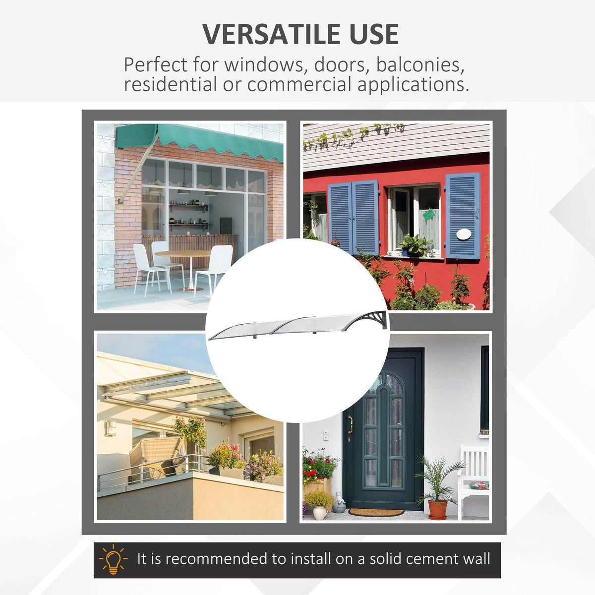 Clear door canopy awning for door or window protection with arched dark gray frame