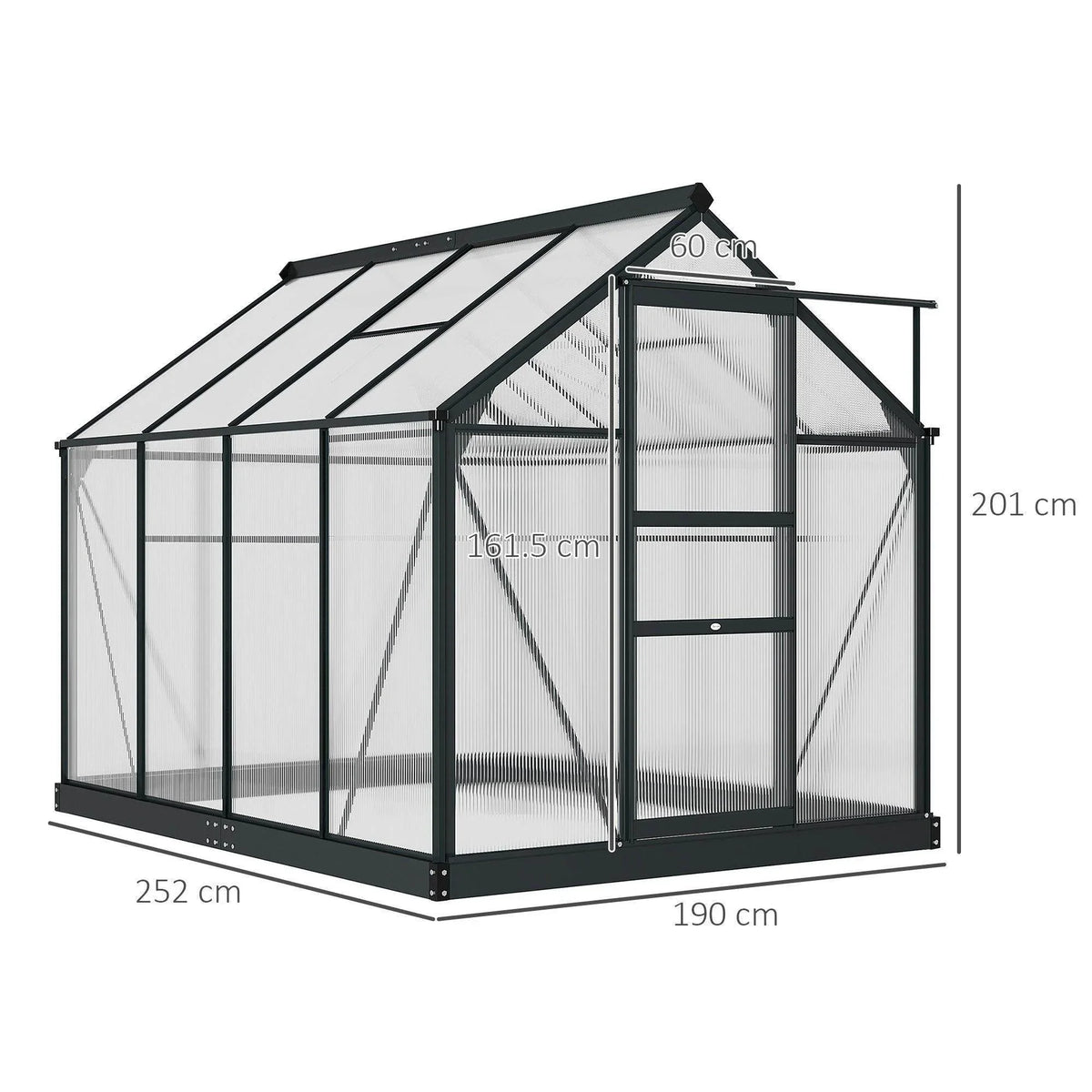 6x8 ft walk-in greenhouse with dimensions, clear polycarbonate panels, black frame