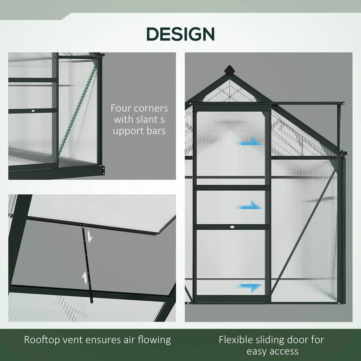 Walk-in greenhouse with roof vent and sliding door design, black frame