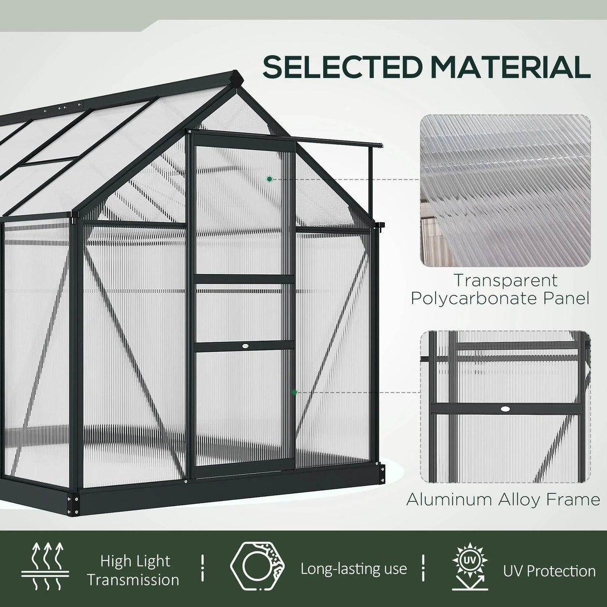 Walk-in greenhouse with transparent polycarbonate panels and aluminum alloy frame