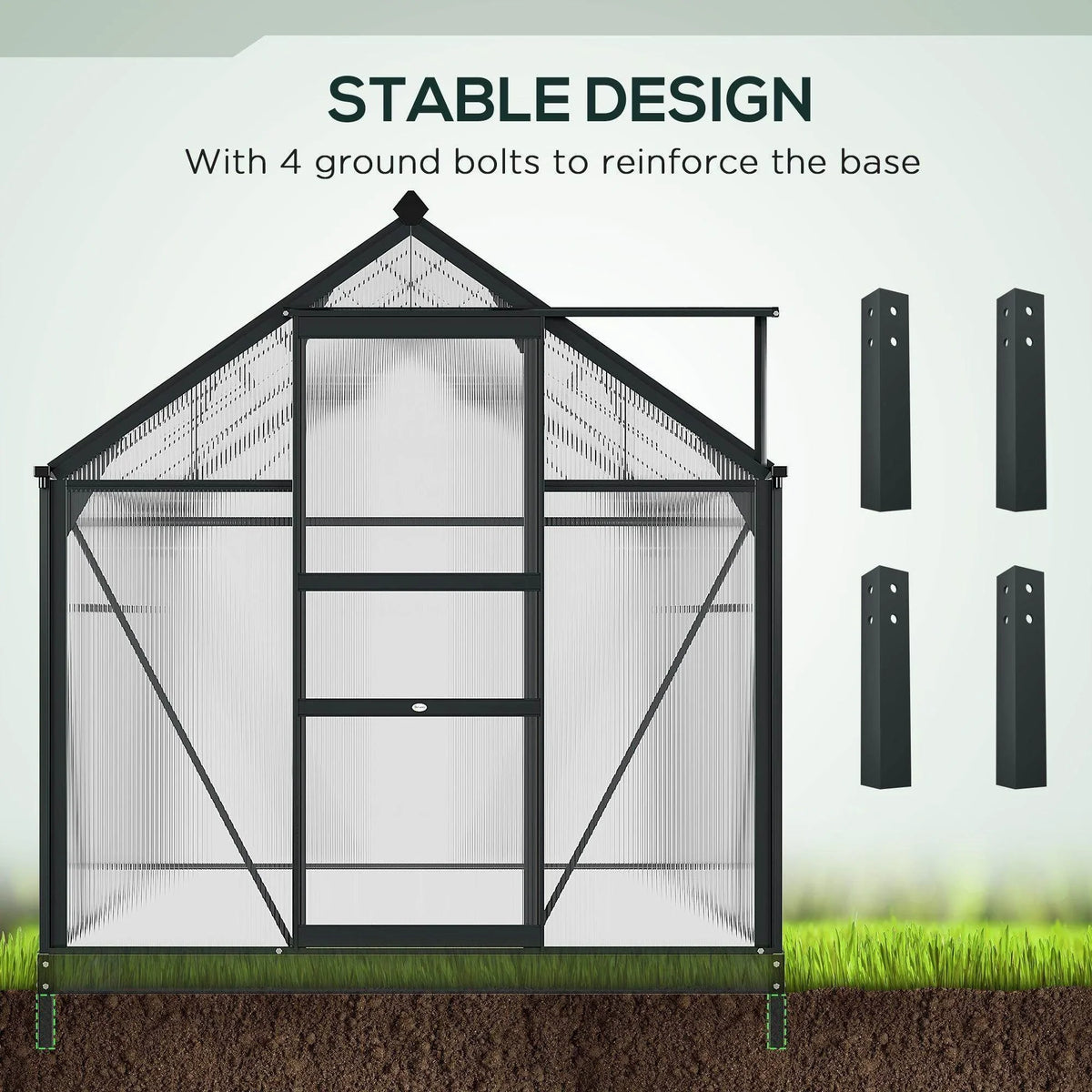 Walk-in greenhouse base with four ground bolts, black frame, clear polycarbonate panels