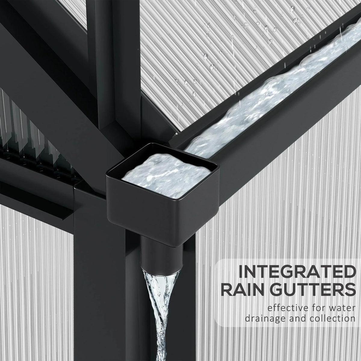 Walk-in greenhouse integrated rain gutters with downspout for drainage, black frame
