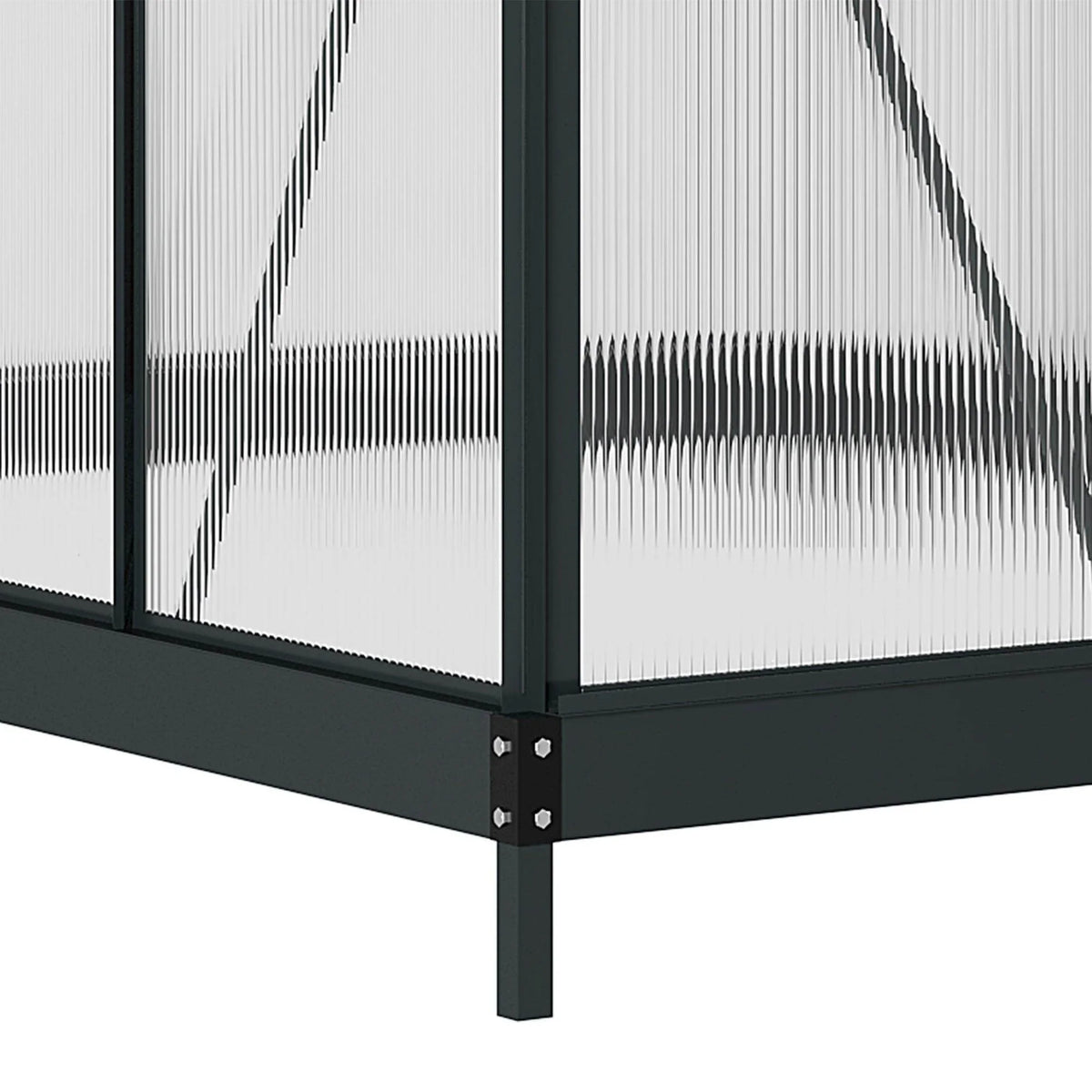 Walk-in greenhouse corner joint with sturdy base legs, dark frame, clear panels