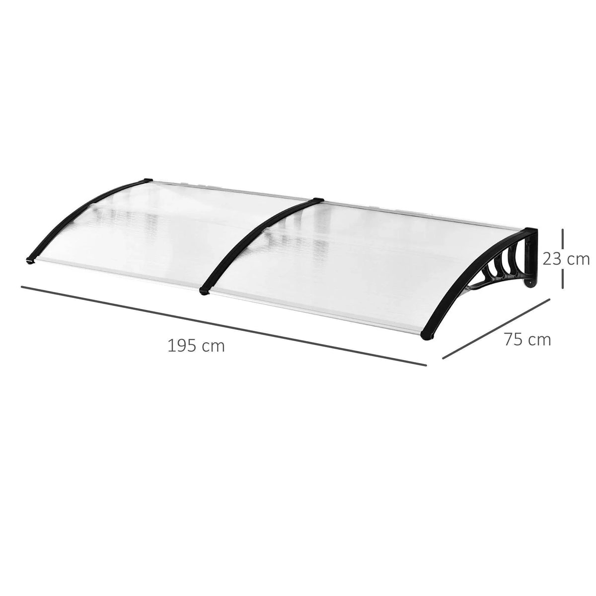 Clear awning with black frame, 195 cm wide and 75 cm deep; 23 cm height