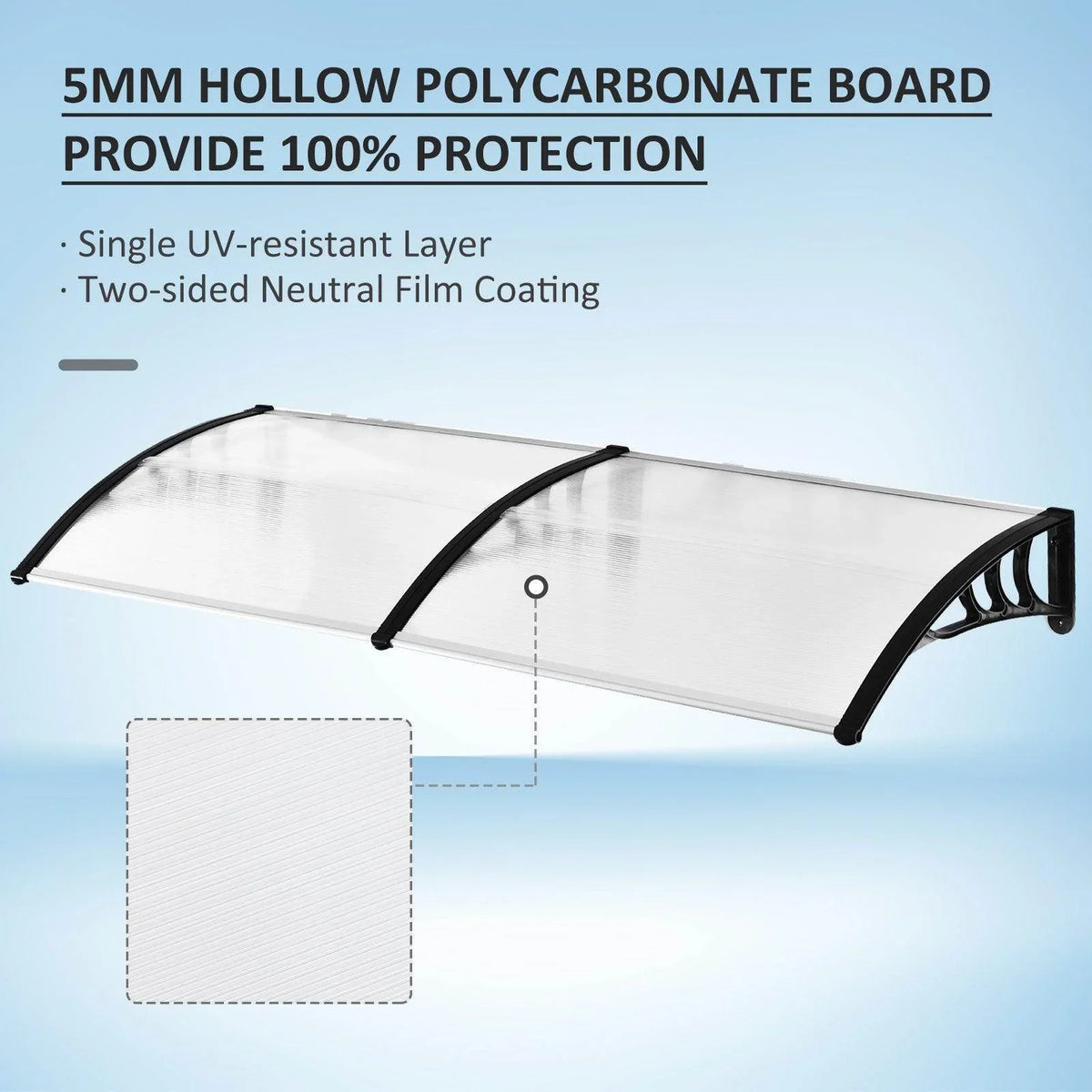 Clear 5mm hollow polycarbonate awning panel with black curved frame and end supports
