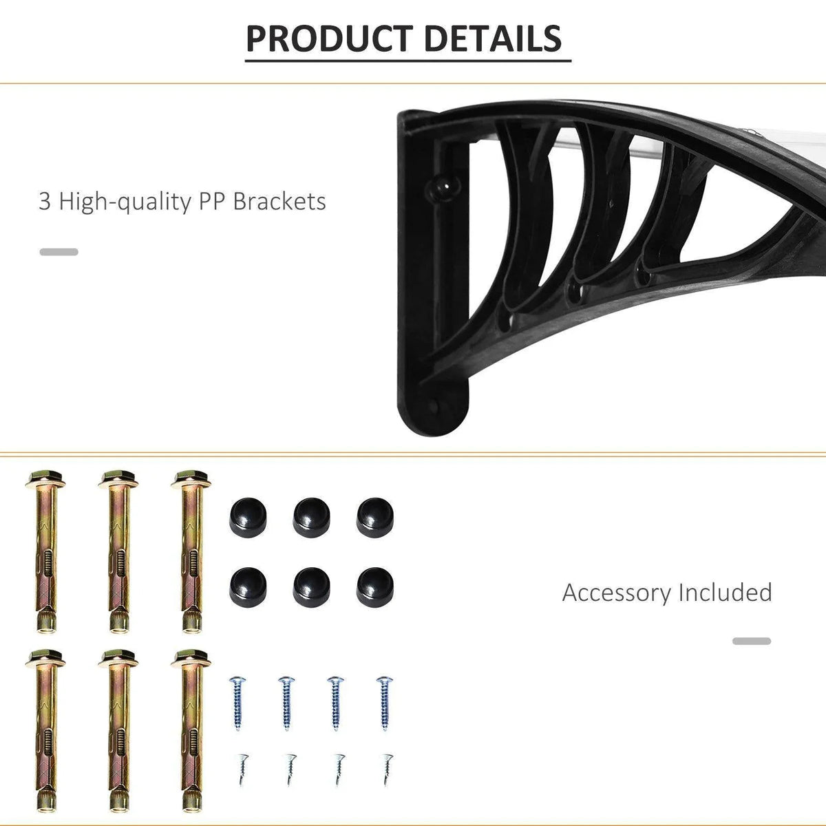 Black PP mounting brackets and hardware for a clear window awning; accessory included