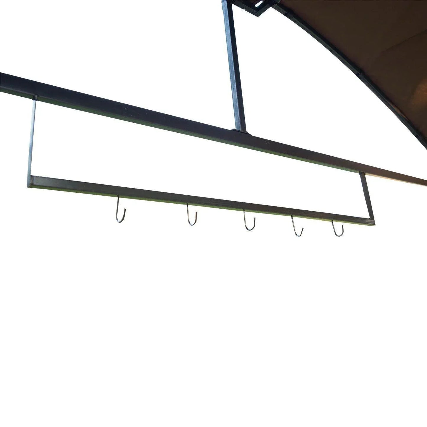 Black metal coffee cup rack with five hooks mounted under garden gazebo frame