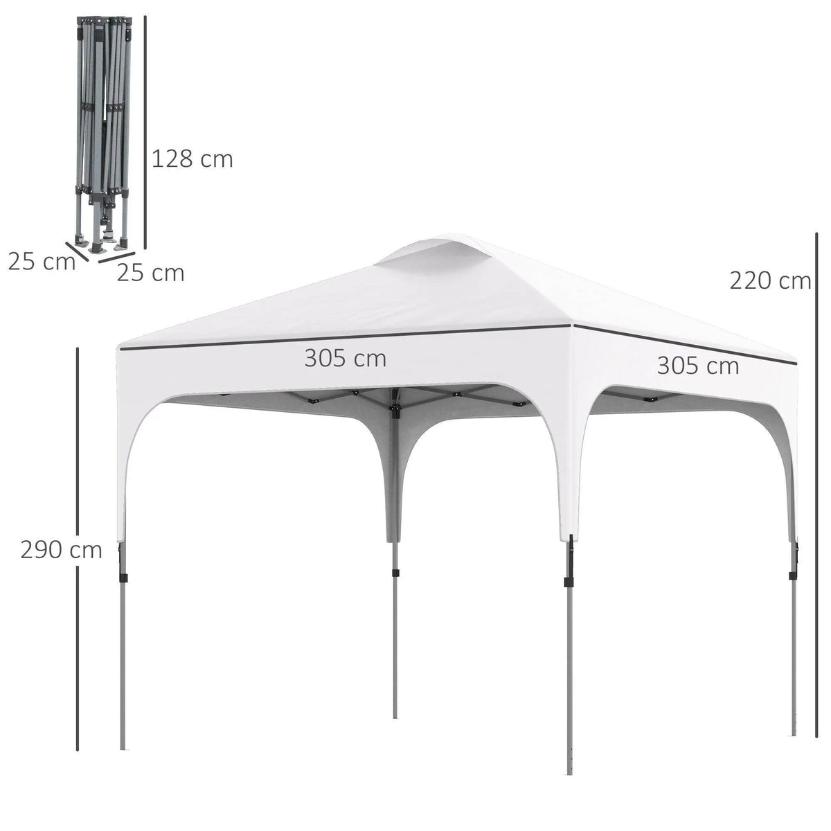 3x3 pop-up gazebo canopy with gray frame, front opening and labeled measurements