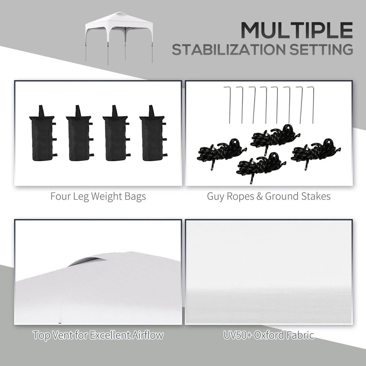 Compact pop-up gazebo stability accessories: leg weight bags, guy ropes, and stakes
