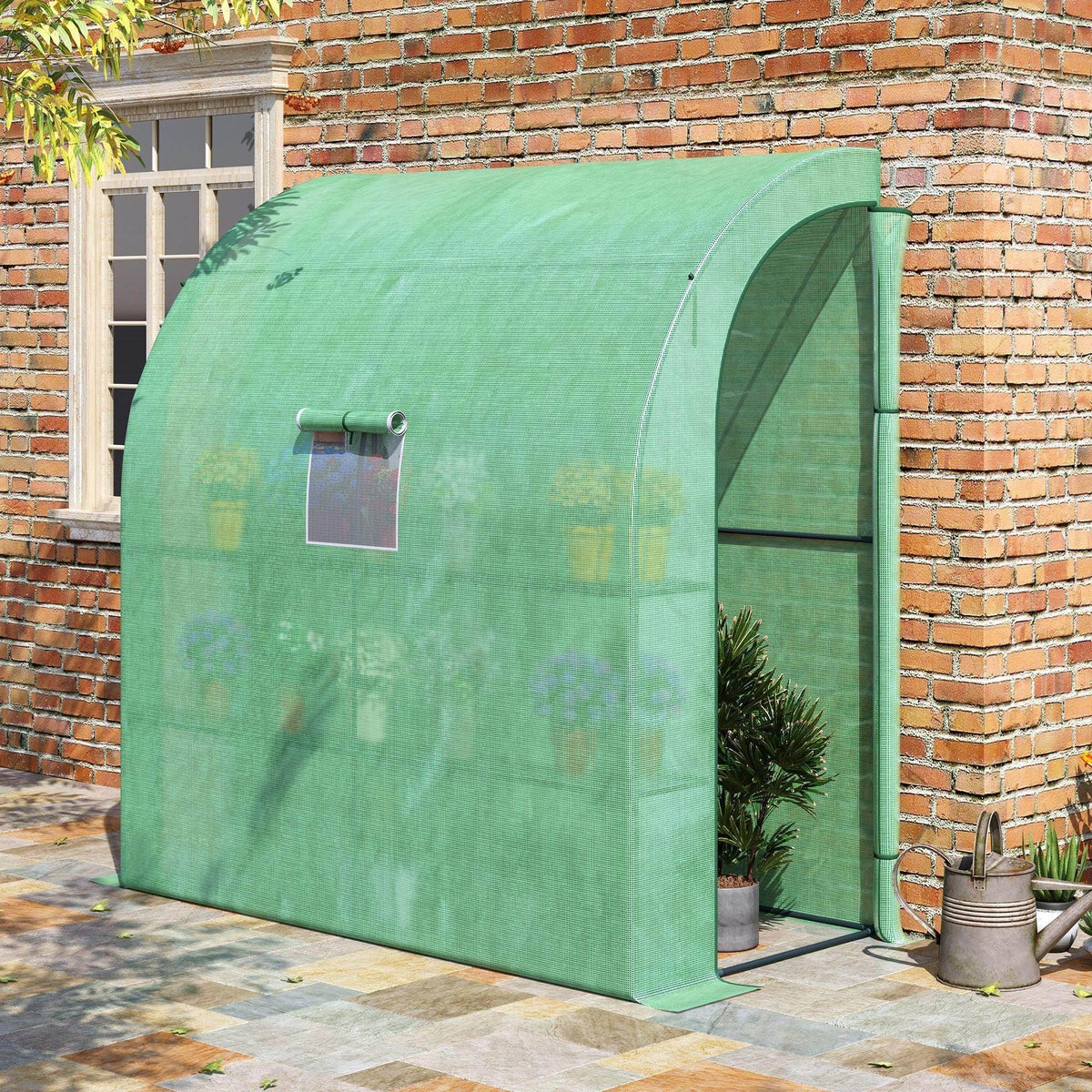 Green compact greenhouse with arched window door and mesh walls, front view.