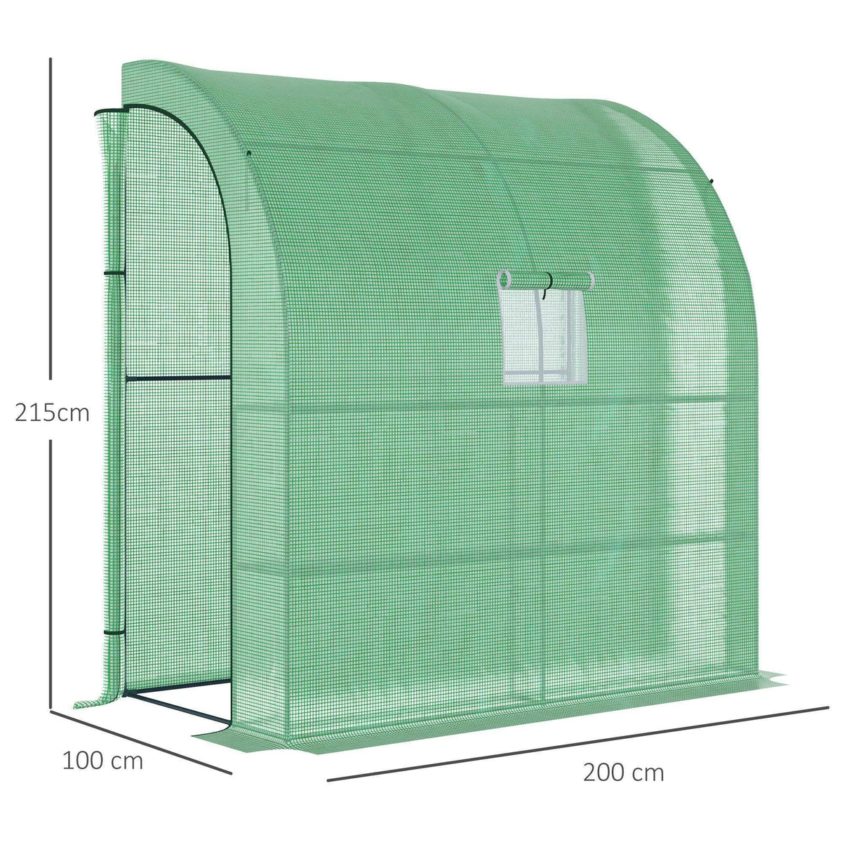 Green arched compact greenhouse with mesh panels and side door opening.