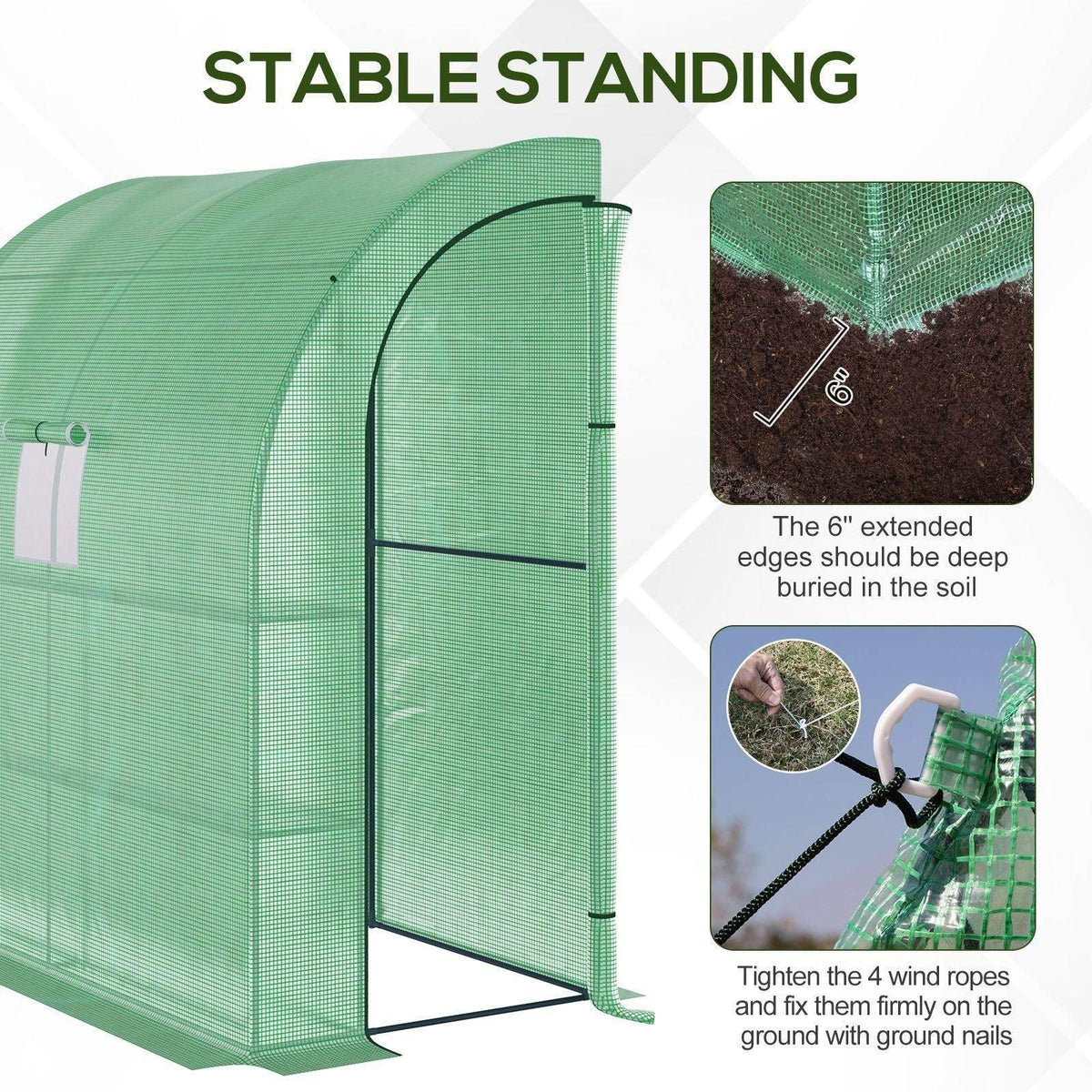 Green mesh greenhouse with arched door panel and side window, stable steel frame.