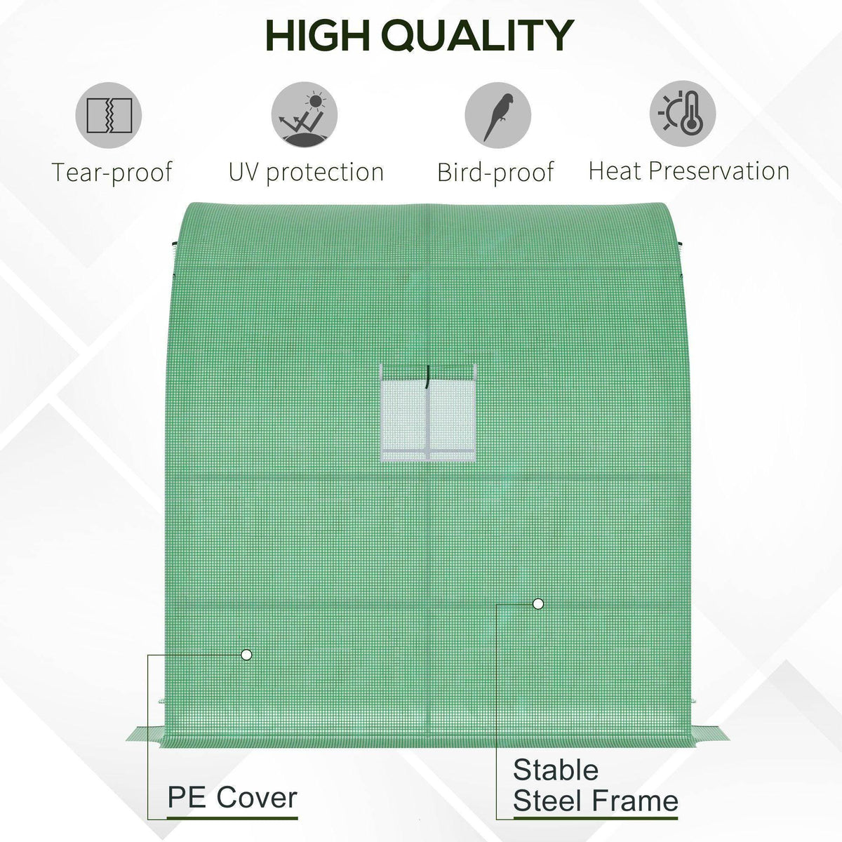 Green greenhouse cover with zip window and stable steel frame base.
