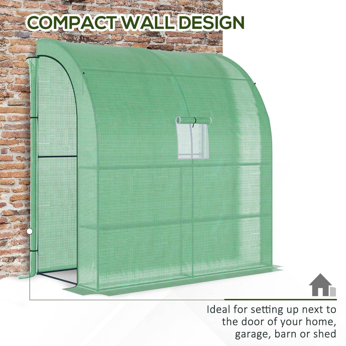 Green compact greenhouse with arched end, zip door, and window screen panels.
