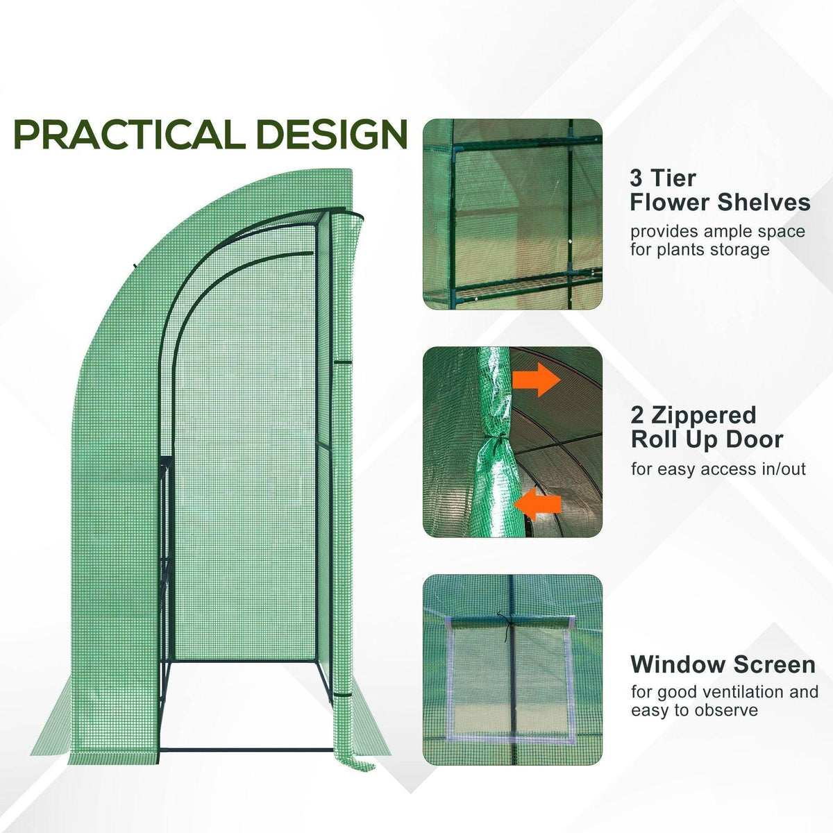 Green compact greenhouse with 3-tier flower shelves, roll-up door, and window screen.