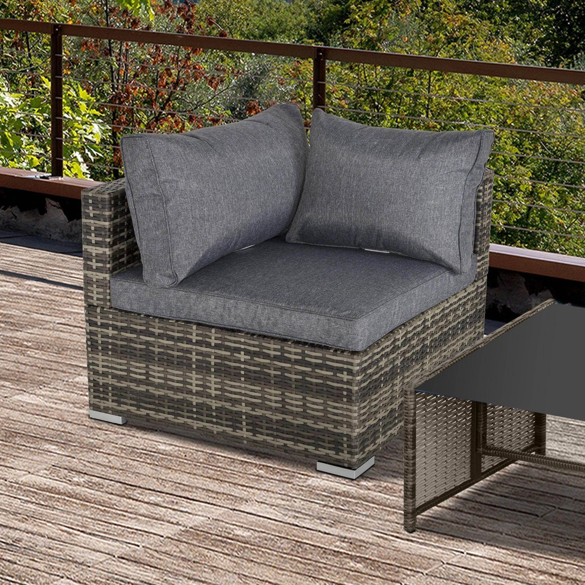 Corner rattan garden chair with dark grey fabric cushions and woven resin wicker arms