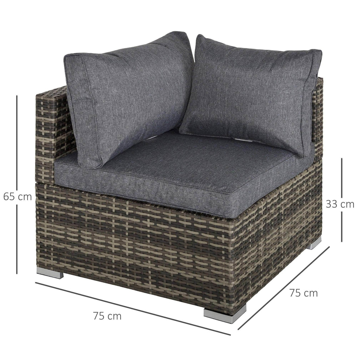 Corner rattan garden chair, deep grey seat and back cushions on woven wicker frame