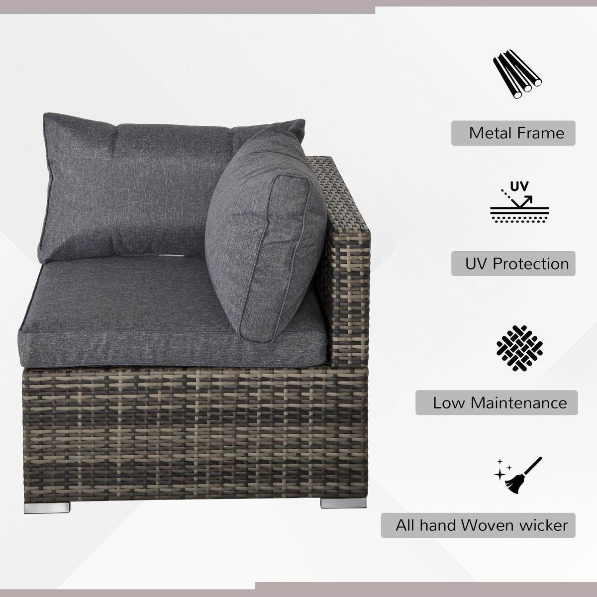 Corner rattan garden chair with deep grey cushions and rounded back bolster