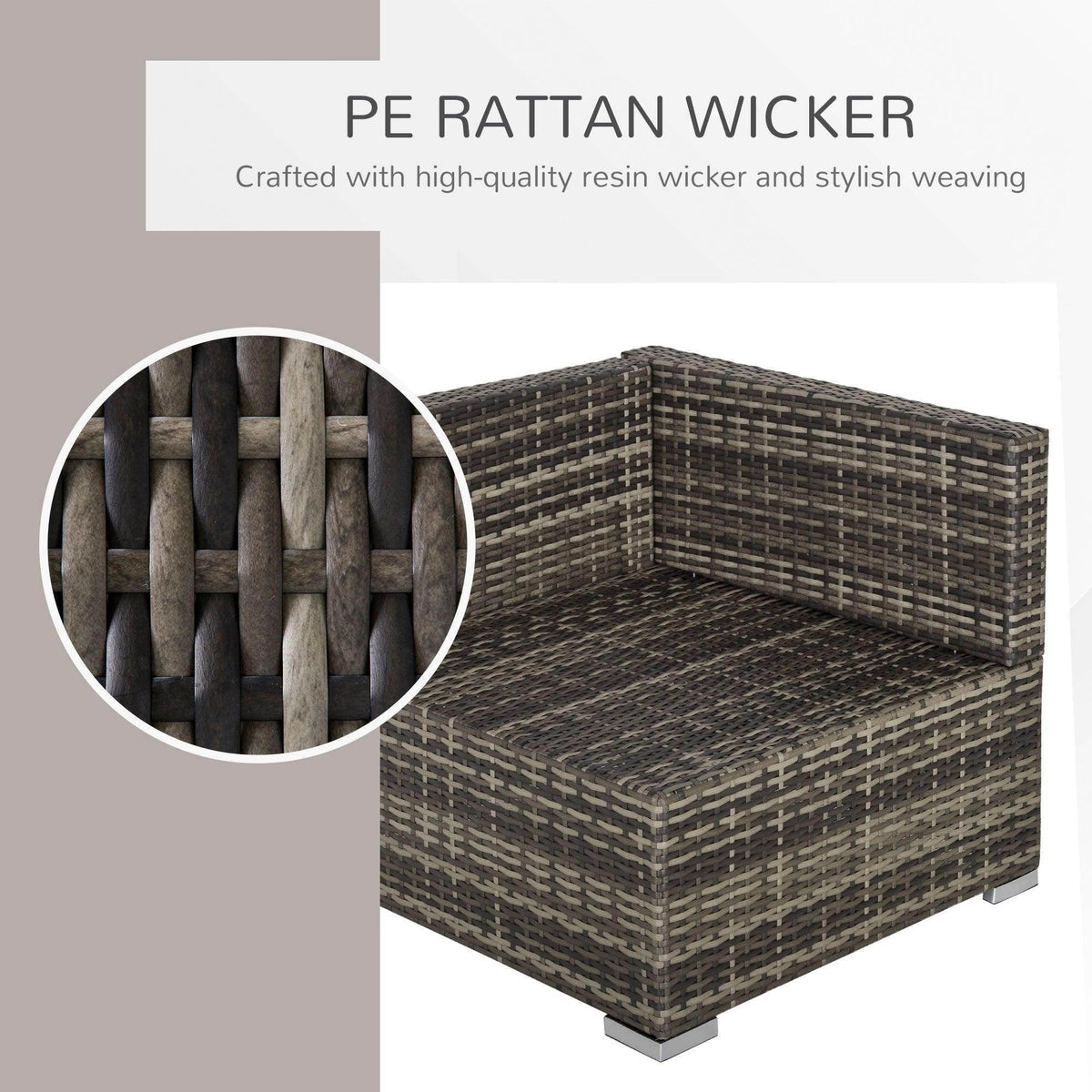 Corner rattan garden chair with woven wicker texture and dark grey cushioned seat