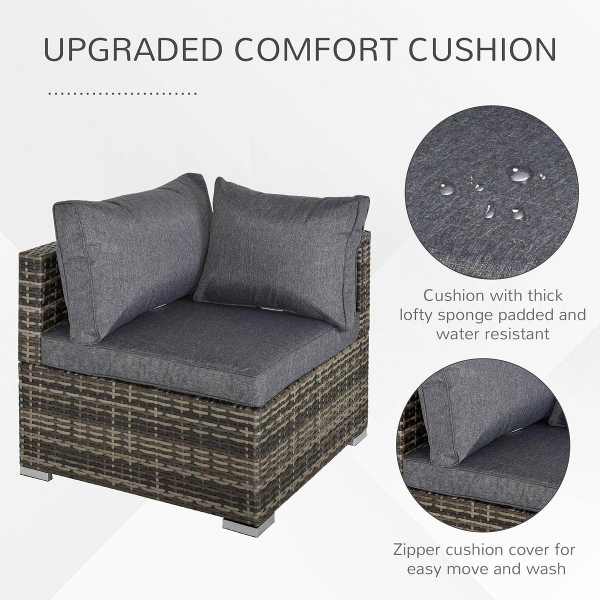 Corner rattan garden chair with thick deep grey seat cushion and zippered cover