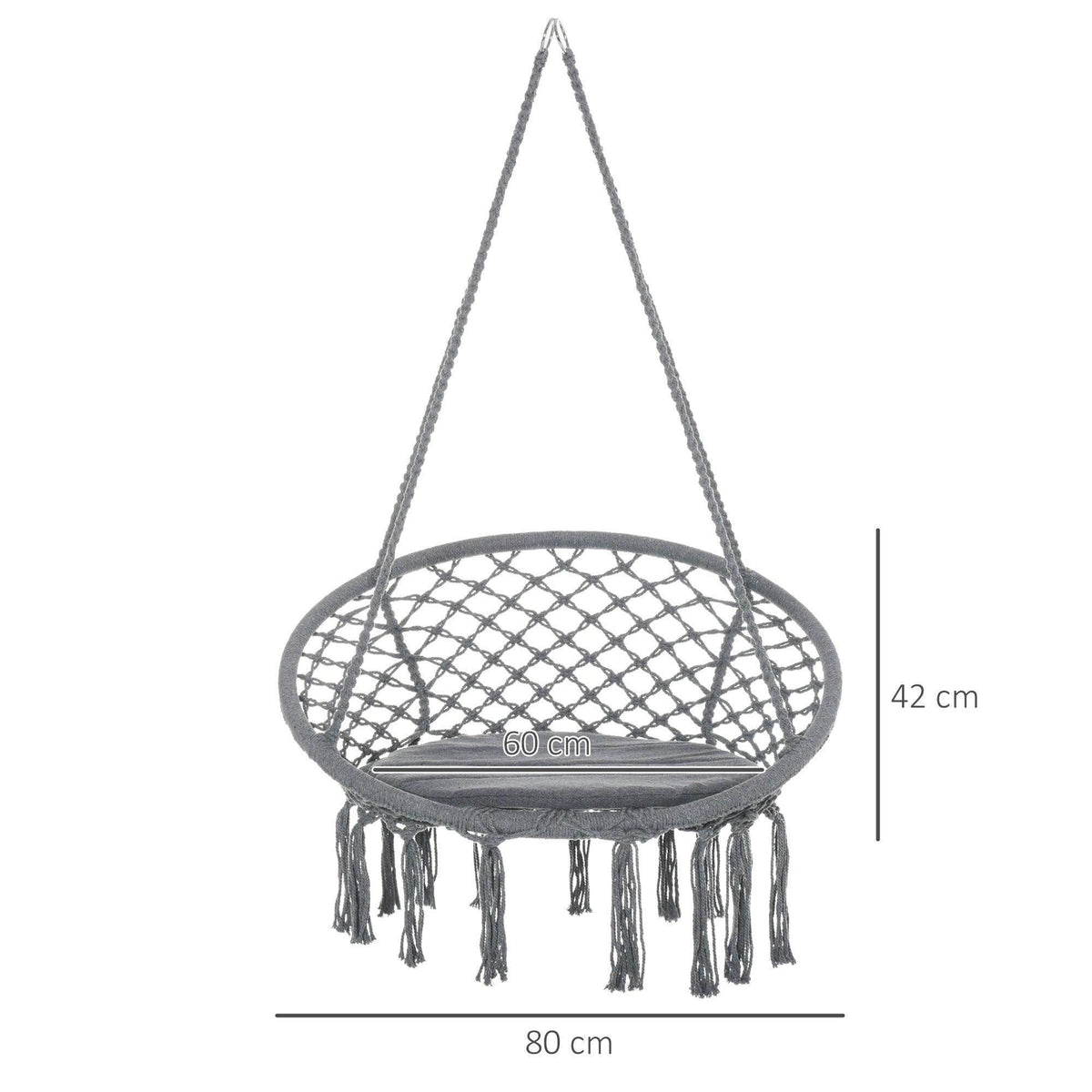 Grey round macrame swing chair with net seat, hanging ropes, and long fringe